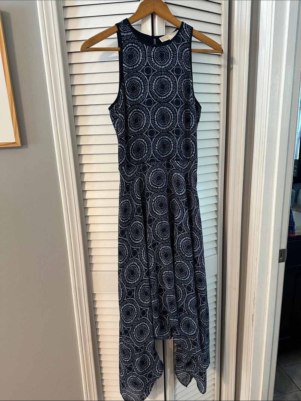 Michael Kors Navy Blue and White High-Low Patterned Dress